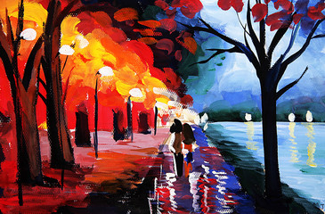 oil painting road by lake
