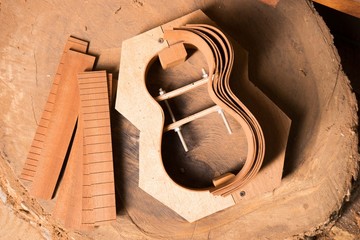 Parts of guitar hanging on the shelves at the factory