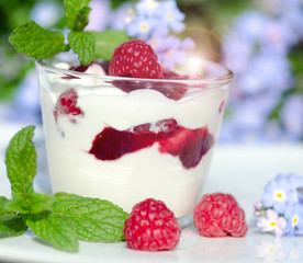 Leckerer, fruchtiger Sommer-Genuss:Joghurt mit Himbeeren und Minze