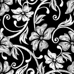 Black and white hibiscus tropical embroidery floral seamless pat