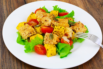 Pumpkin Salad, Suluguni Fried in Sesame, Cherry
