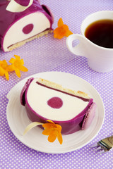 Bush blueberry cake with cream and creamy mousse.