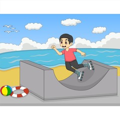 Children playing roller skate at the beach cartoon