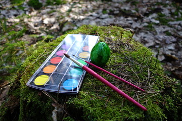 Osterei und Farbkasten in Wald