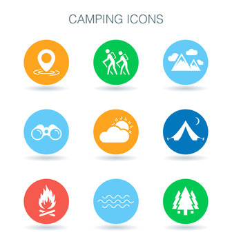 Camping icons. Camp site symbols. Outdoor adventure signs. Summer camp icons on colourful circle shapes. Vector illustration.