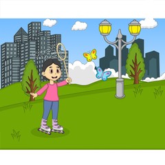 Children playing roller skate at the park cartoon