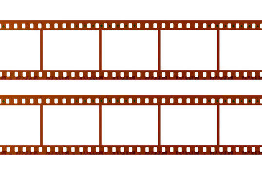 Two strips of 35mm film blank white frame negative movie camera filmstrip photo isolated on white background