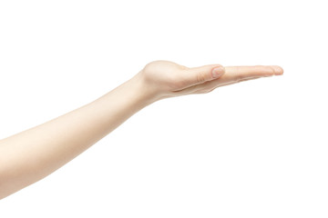 empty young female hand to hold something straight, isolated on white background