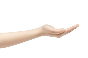 empty young female hand to hold something, isolated on white background