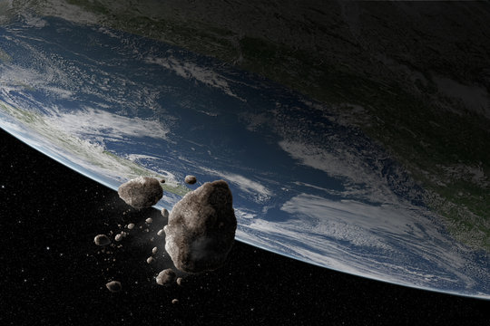 Fototapeta Cosmos scene with asteroid and planet Earth