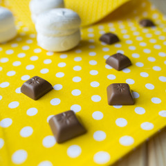 Milk chocolate and white marshmallows. view from above