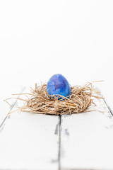 ett blåmålat ägg i ett fågelbo