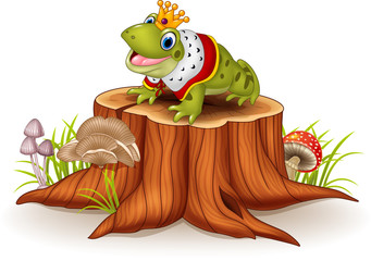 Obraz premium Cartoon funny frog king sitting on tree stump