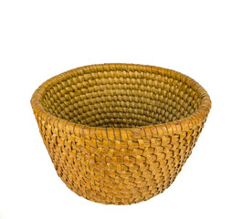Empty wooden fruit or bread straw basket on white background / Empty wicker basket isolated on white / vintage weave wicker basket isolated on white background
