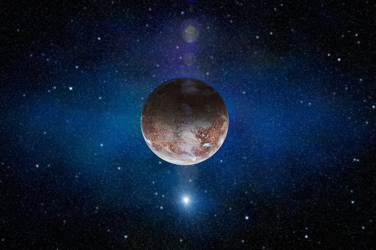 Interstellar scene with red planet, nebula and stars in space