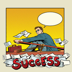 businessman rowing boat to success