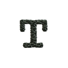 Closeup pile of black stone in T english alphabet isolated on white background