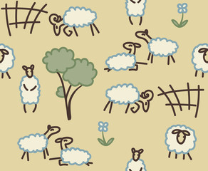 Obraz premium Sheep in the pasture. Seamless pattern. Vector.