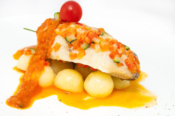 baked fish with potatoes in tomato sauce
