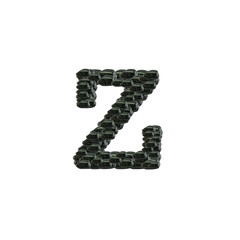 Closeup pile of black stone in Z english alphabet isolated on white background