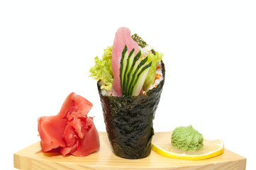 Japanese cuisine in the restaurant temaki with meat fish salmon