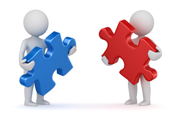 Two man holding red and blue puzzle piece