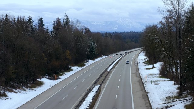 A95 motorway in Winter from Garmisch-Partenkirchen - Munich, Upper Bavaria, Bavaria, Germany, Europe