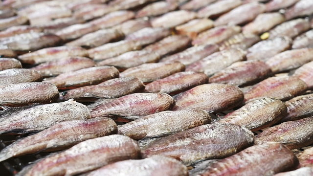 Close up of fish fillets drying on a wicker table in Southeast Asia. Salted preservation seafood