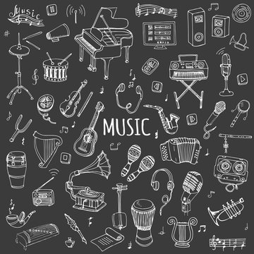 Hand drawn doodle Music set Vector illustration musical instrument and symbols icons collections Cartoon sound concept elements Music notes Piano Guitar Violin Trumpet Drum Gramophone Saxophone Harp