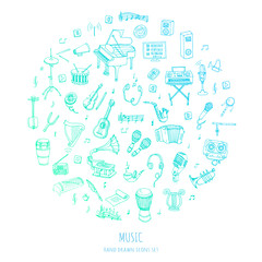Hand drawn doodle Music set Vector illustration musical instrument and symbols icons collections Cartoon sound concept elements Music notes Piano Guitar Violin Trumpet Drum Gramophone Saxophone Harp
