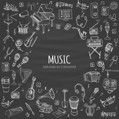 Hand drawn doodle Music set Vector illustration musical instrument and symbols icons collections Cartoon sound concept elements Music notes Piano Guitar Violin Trumpet Drum Gramophone Saxophone Harp