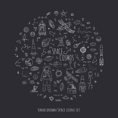 Fototapeta premium Hand drawn doodle Space and Cosmos set Vector illustration Universe icons Space concept elements Rocket Space ship symbols collection Solar system Planets Galaxy Milky Way Astronaut Tech freehand icon