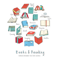 Hand drawn doodle Books Reading set Vector illustration Sketchy book icons elements Vector symbols of reading and learning Book club illustration Back to school Education University College symbols