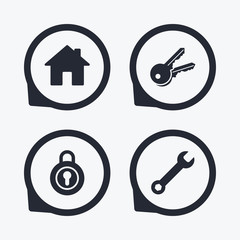 Home key icon. Wrench service tool symbol.