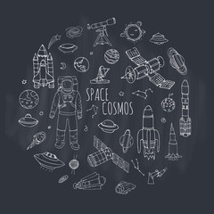 Hand drawn doodle Space and Cosmos set Vector illustration Universe icons Space concept elements Rocket Space ship symbols collection Solar system Planets Galaxy Milky Way Astronaut Tech freehand icon