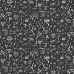 Seamless background hand drawn doodle Music set Vector illustration musical instrument, symbols icons collections Cartoon sound elements Piano Guitar Violin Trumpet Drum Gramophone Saxophone Harp