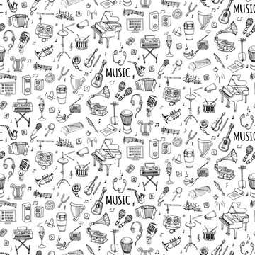 Seamless background hand drawn doodle Music set Vector illustration musical instrument, symbols icons collections Cartoon sound elements Piano Guitar Violin Trumpet Drum Gramophone Saxophone Harp