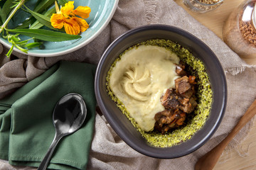 spanish tapas beef meat with mash potatoes