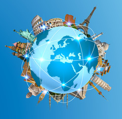 Naklejka premium Famous monuments of the world surrounding planet Earth
