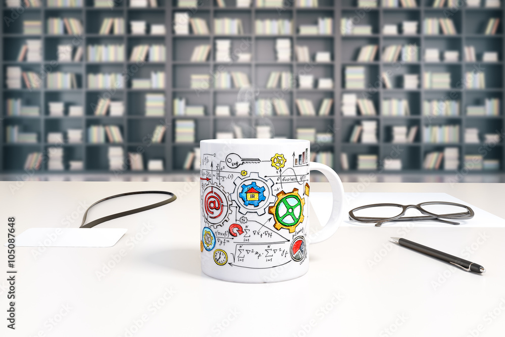 Poster cup with business scheme print on white table with glasses at bo