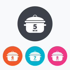 Cooking pan icons. Boil five, eight minutes.