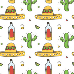 Mexican seamless pattern background with sombrero, tequila, lime, cactus. Cinco de Mayo background.