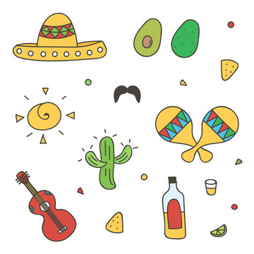 Colorful Mexican doodle, hand-drawn set isolated on white background.