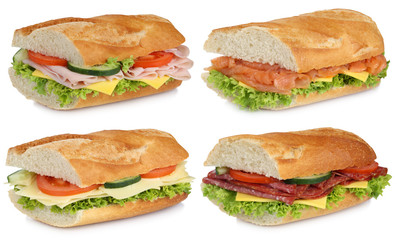 Collage von belegte Baguettes Salami Schinken Fisch und Käse Fr
