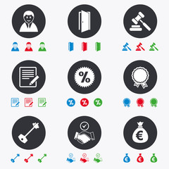 Real estate, auction icons. Home key sign.