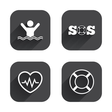 SOS lifebuoy icon. Heartbeat cardiogram.