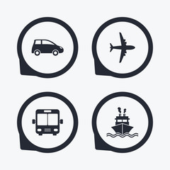 Transport icons. Car, Airplane, Bus and Ship.