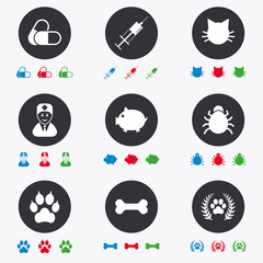 Veterinary, pets icons. Paw, syringe and bone.