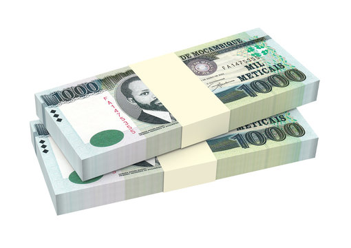 Mozambican meticais bills isolated on white background. Computer generated 3D photo rendering.