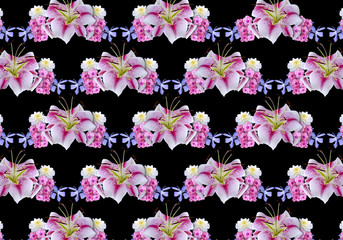 Black background covered with garlands of white lilies, asters, periwinkle.